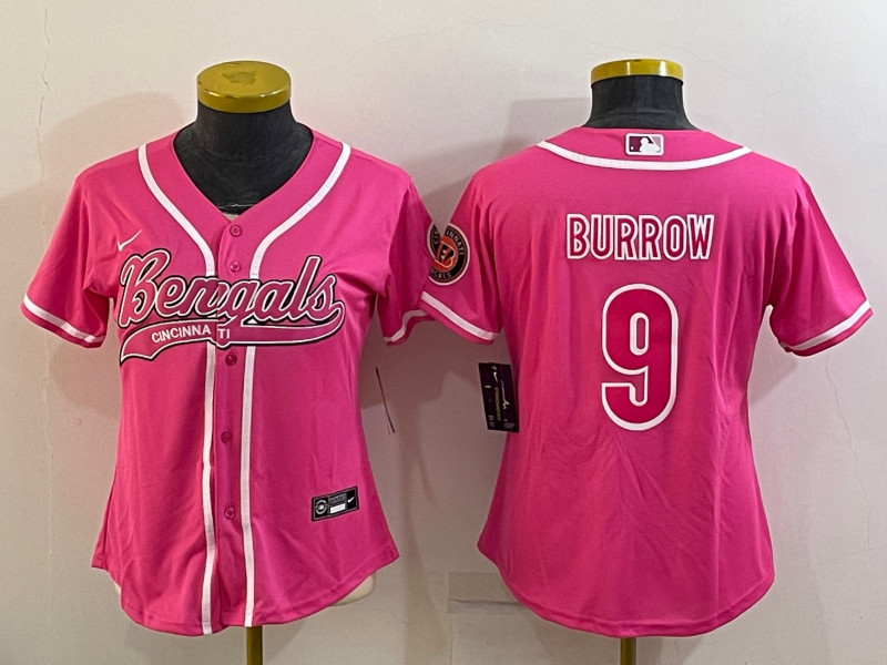 Women's Cincinnati Bengals #9 Joe Burrow Pink With Patch Cool Base Stitched Baseball Jersey(Run Small)